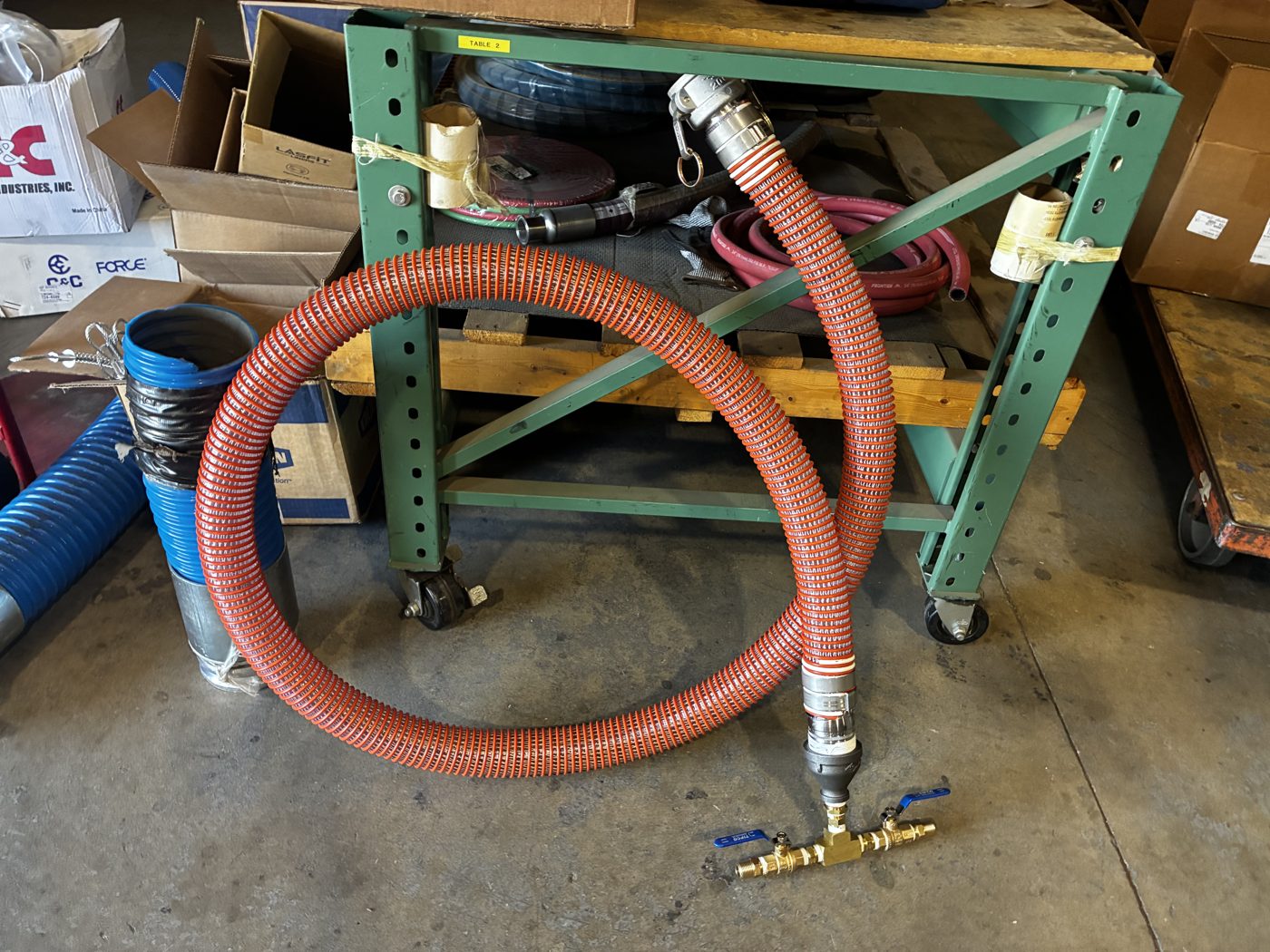 Custom 2-inch hose with cam-lock and brass ball-valve manifold
