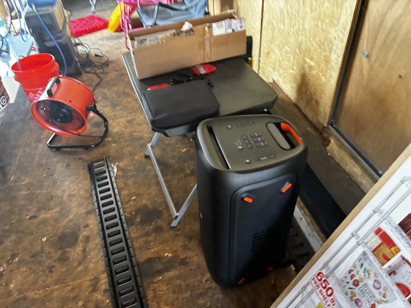 Workshop floor: e-track rail, shelf box, keyboard and speaker